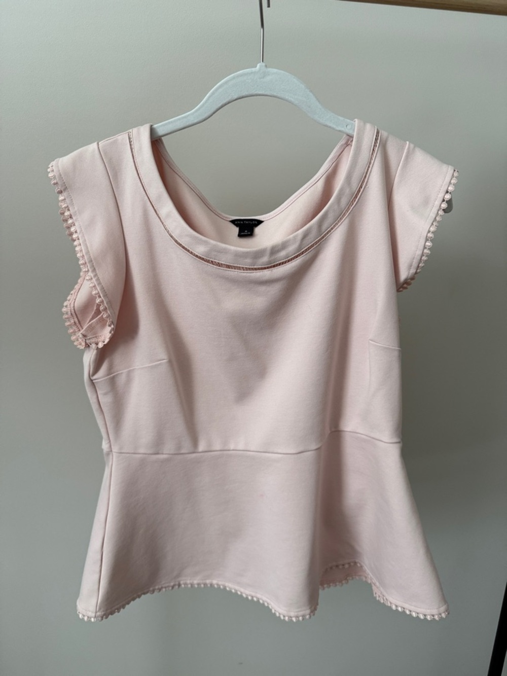 Ann TaylorPink Peplum Top with Pom Trim